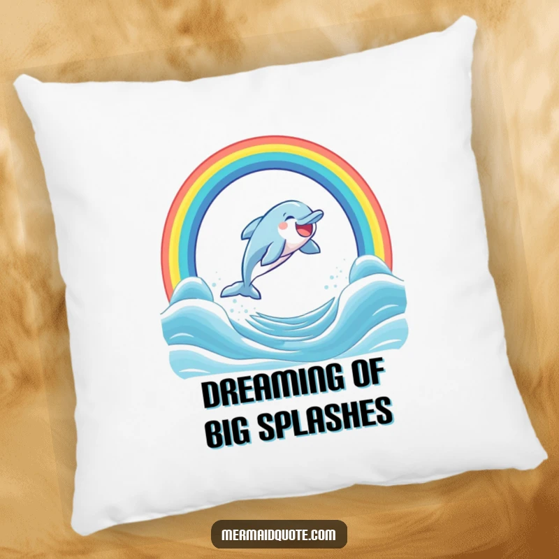 Funny pillow design featuring a laughing dolphin gracefully leaping through a spectacular rainbow over a serene ocean, embodying pure bliss.