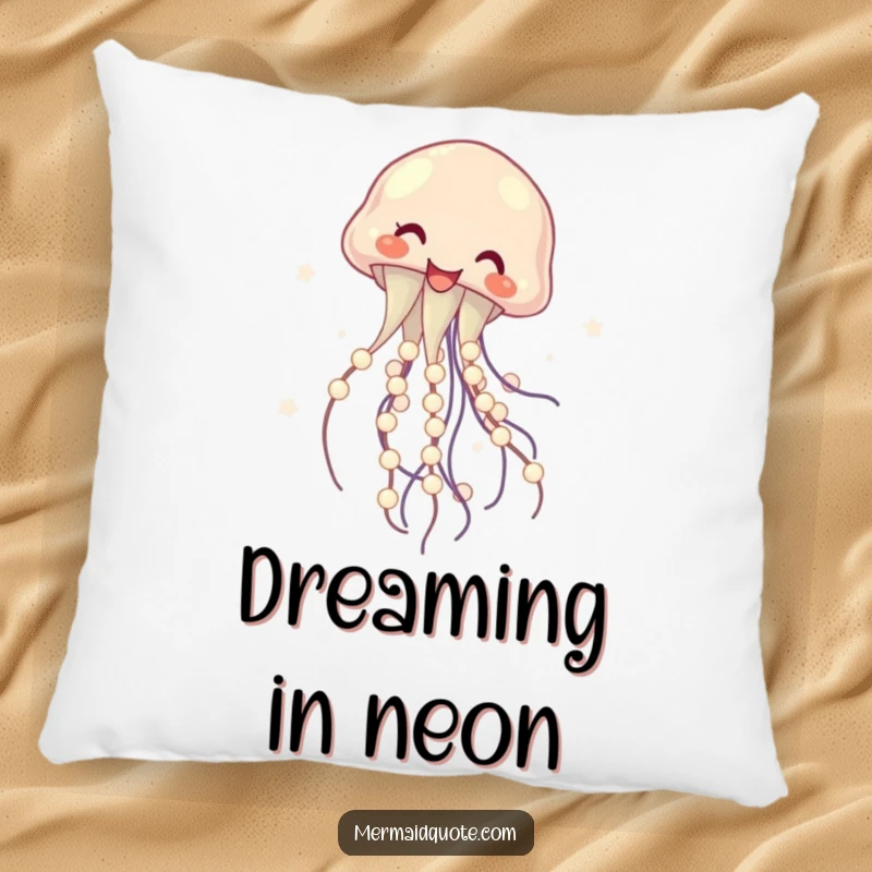 Funny decorative pillow with a laughing jellyfish twirling luminous pearls, offering comfort and a touch of whimsical humor for cozy spaces, a gift.