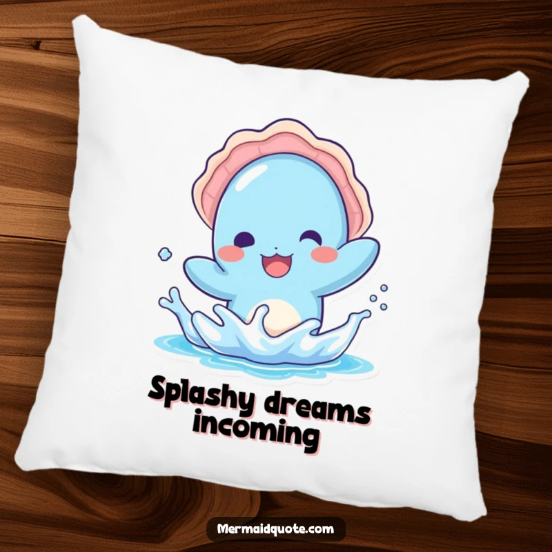 Funny pillow featuring a kawaii blue creature with a seashell hat, splashing water playfully, bringing cozy comfort and seaside charm.