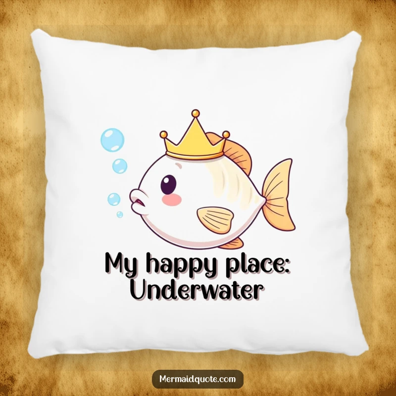 Funny kawaii fish wearing a tiny crown, exhaling a playful cluster of bubbles, embroidered on a plush decorative pillow.