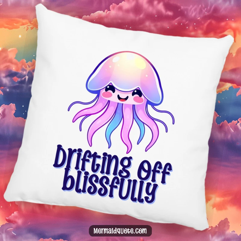Funny kawaii jellyfish pillow featuring a smiling, softly glowing sea creature, perfect for adding a touch of cute and comfort to any space.