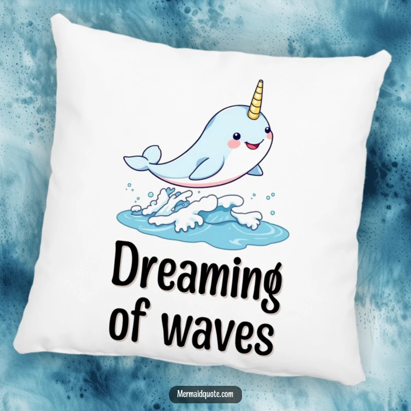 Funny kawaii narwhal leaping gleefully through a shimmering wave on a decorative pillow, soft and enchanting.