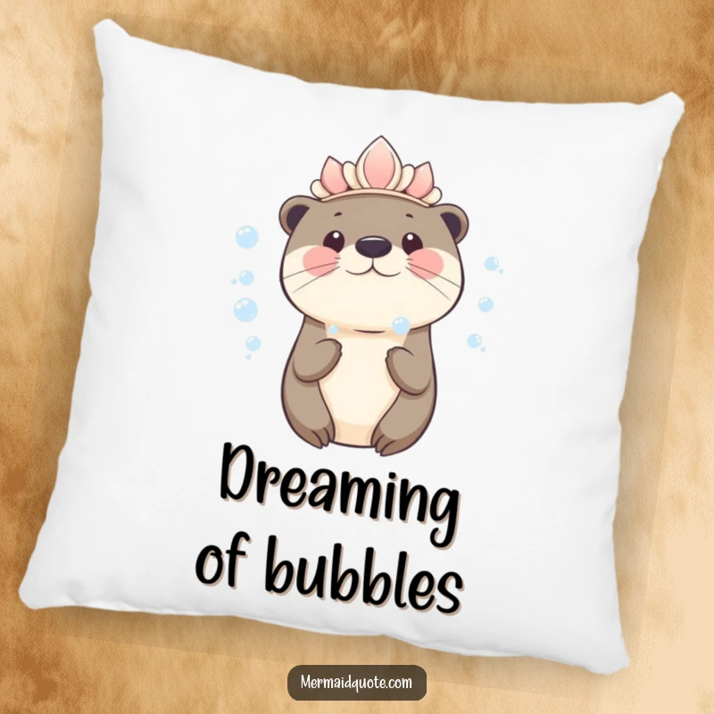 Funny kawaii otter wearing a seashell crown blowing bubbles on a decorative pillow, adding softness and cute charm.