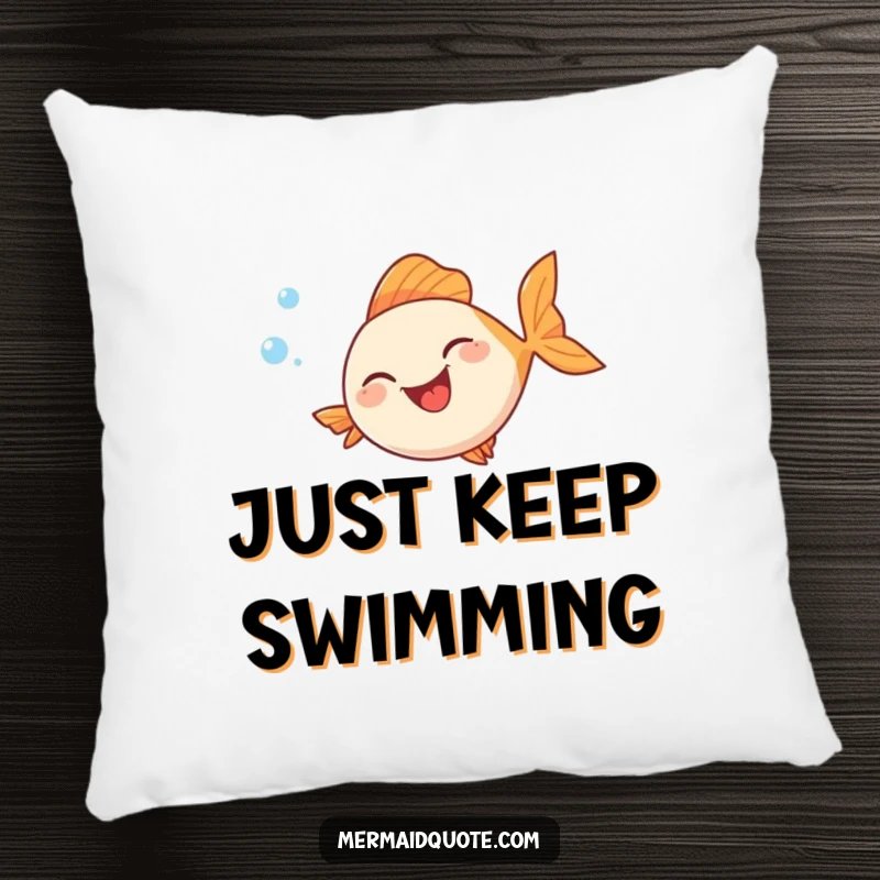 Funny pillow featuring a fish with a wide, happy smile, surrounded by numerous bubbles as it swims in a humorous, circular pattern.
