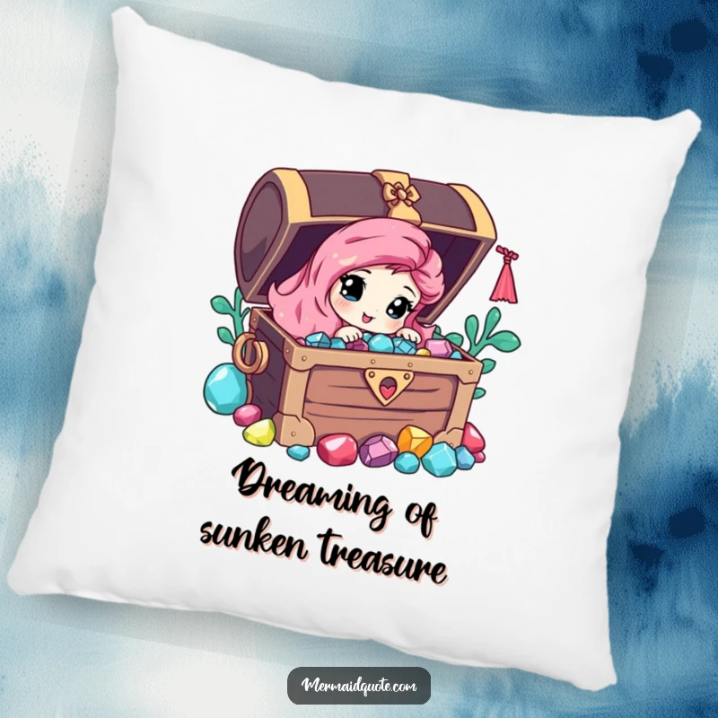 Funny plush pillow featuring a curious mermaid peeking from behind a treasure chest filled with gems, offering cozy fantasy.