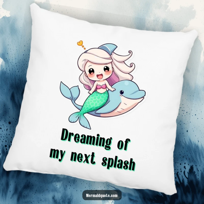Funny pillow displaying a mermaid's triumphant grin while riding a friendly dolphin, bringing comfort and humor to any room.