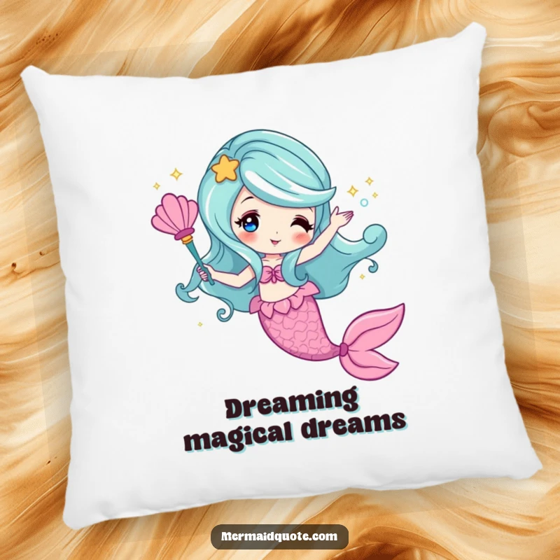 Funny pillow showcasing a mermaid creating sparkling magic with a seashell wand, soft and enchanting.