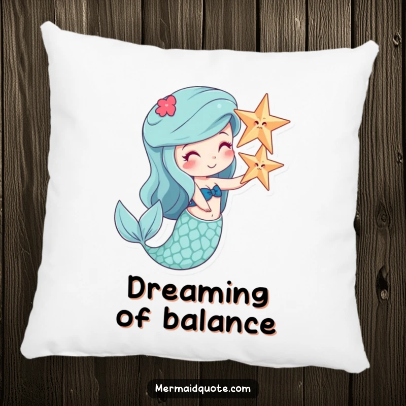 Funny pillow showcasing a joyful mermaid balancing a starfish on her nose, a soft touch of humor.