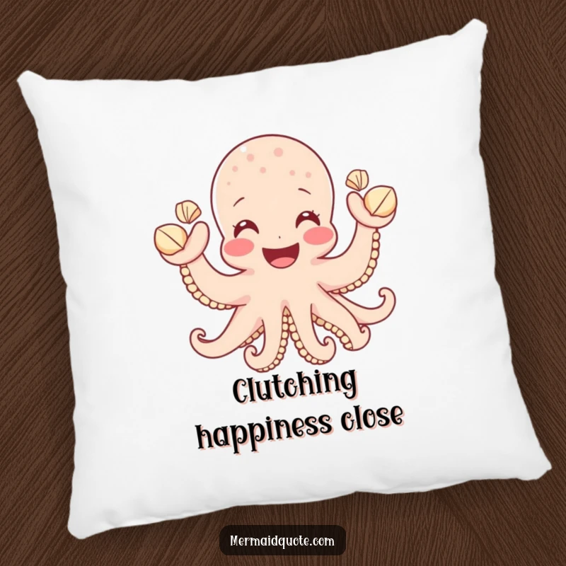 Funny decorative pillow featuring a happy octopus waving seashells, offering plush comfort and a dose of underwater humor, perfect for relaxation.