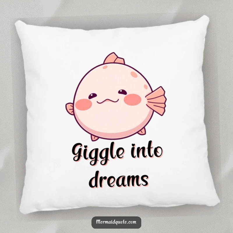 Funny Pillow showcasing a shy pufferfish slightly inflating with a hesitant giggle, offering comfort and humorous bashfulness.