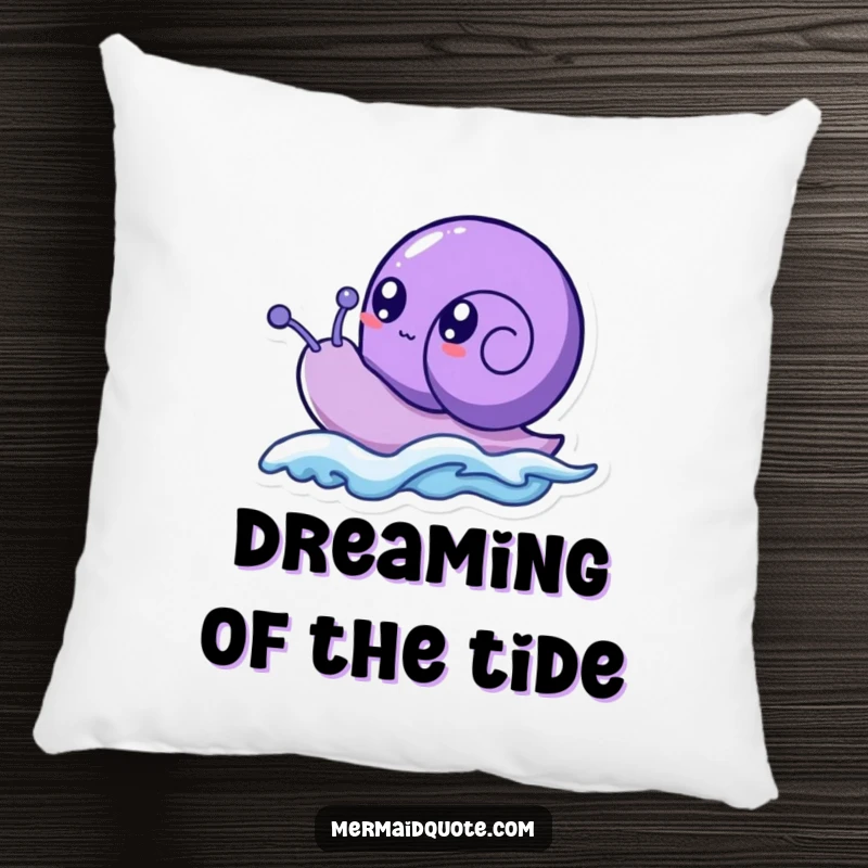Funny purple sea snail creature with wide, bubbly eyes, humorously depicted riding a tiny wave, featured on a plush pillow.