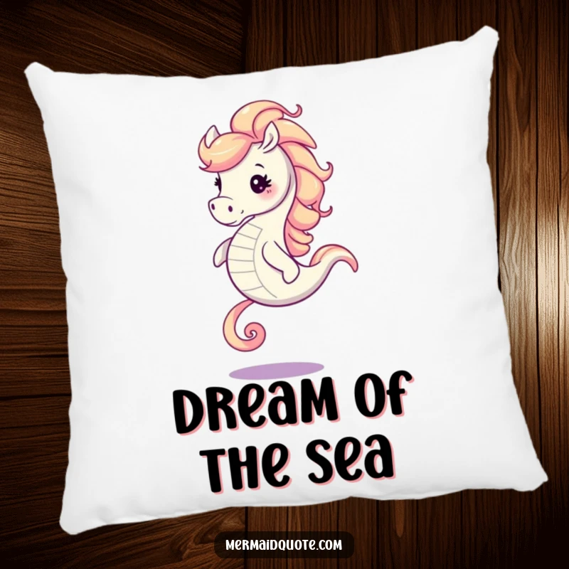 Funny seahorse with a flowing, swirling mane in a galloping pose, featured on a plush pillow for decorative comfort.