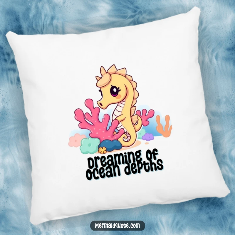 Funny seahorse pillow featuring a curious seahorse peeking from behind colorful coral, offering comfort and a splash of underwater humor.