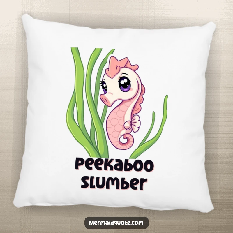 Funny Pillow showcasing a curious seahorse with sparkling eyes peeking from seaweed, offering comfort and humorous oceanic charm.