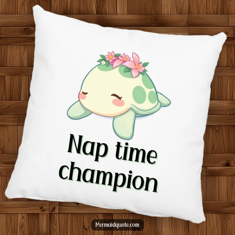 Funny decorative pillow featuring a sleepy sea turtle with a flower crown, gently drifting, offering plush comfort and serene humor, perfect for relaxation.