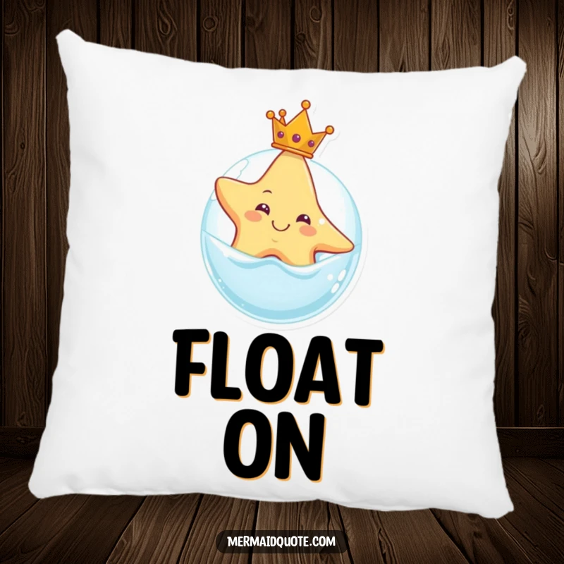 Funny plush pillow with a smiling starfish wearing a crown, floating on a bubble, offering comfort and a touch of whimsical royalty.