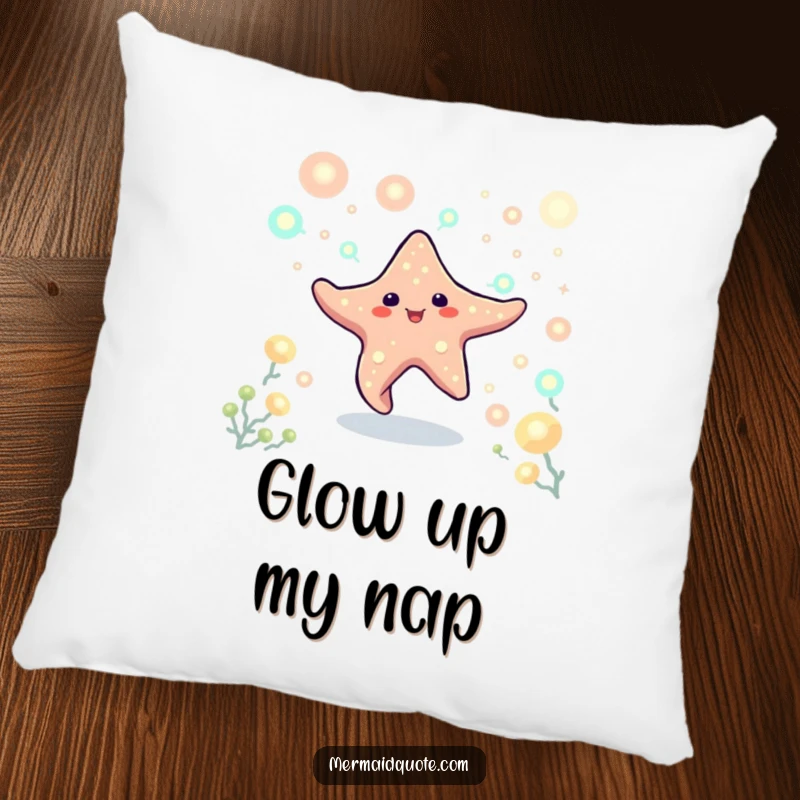 Funny decorative pillow showing a playful starfish creature dancing surrounded by luminous plankton. A glowing and soft accent.