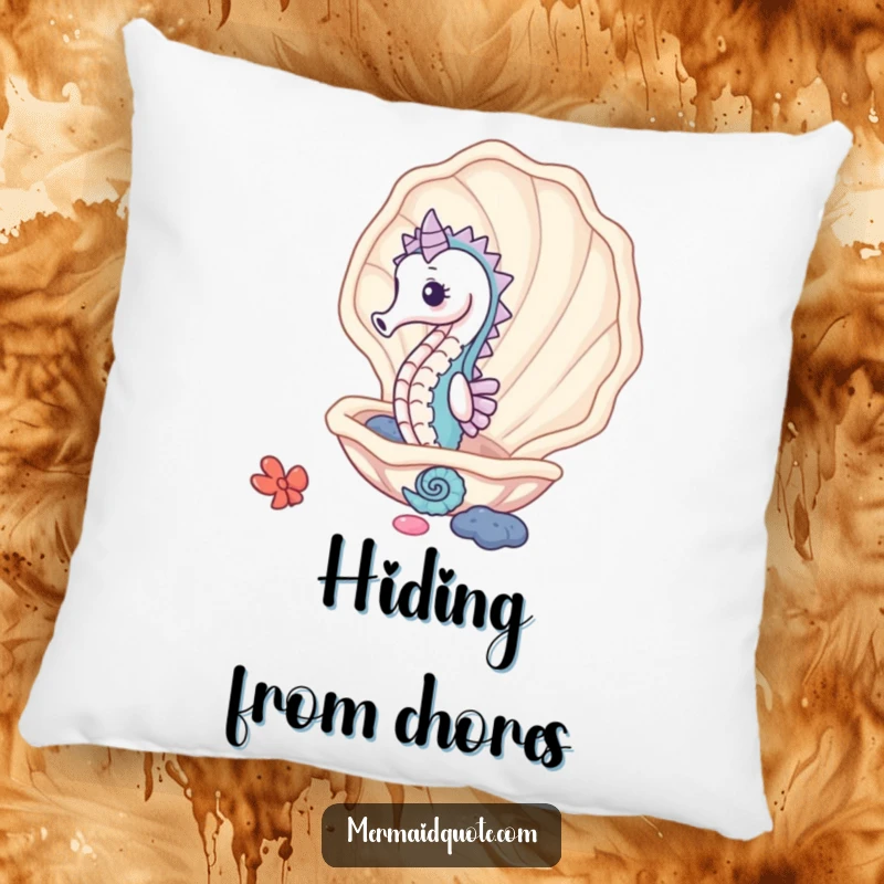 Funny cute seahorse peeking from a giant clam shell, a soft pillow bringing humorous ocean charm and comfort.