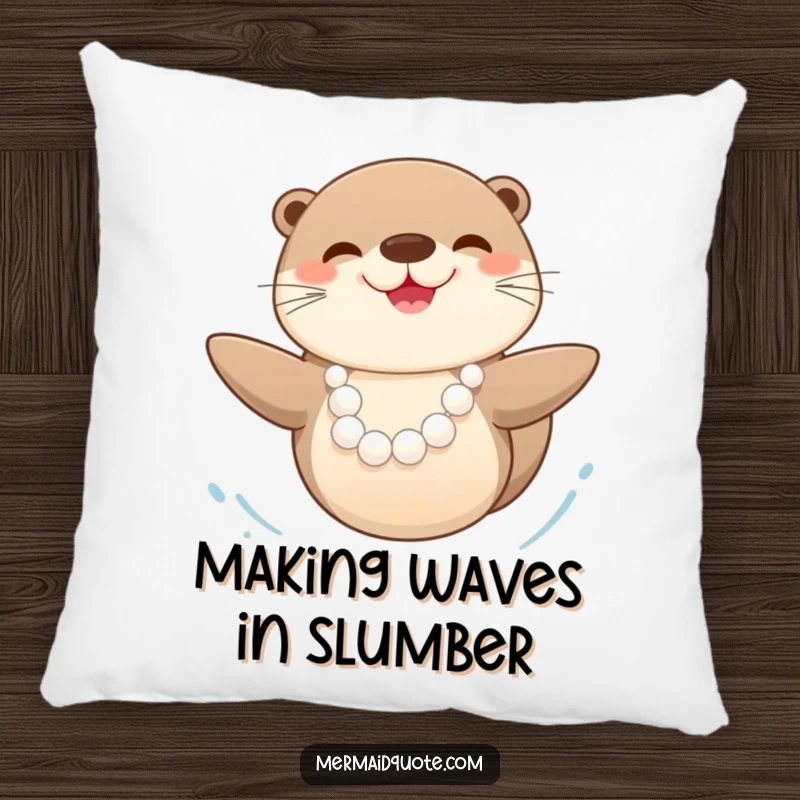 Funny happy sea otter with a pearl necklace, swimming blissfully, depicted on a plush decorative pillow for ultimate comfort.