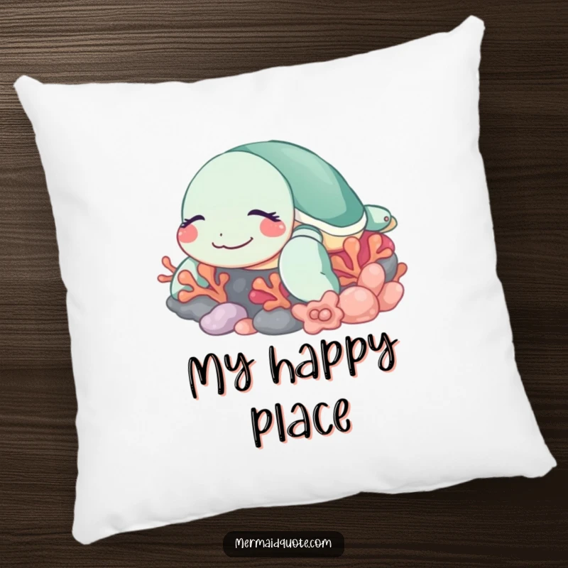 Funny sleeping turtle pillow with a contented smile, nestled amongst colorful coral, perfect for adding a touch of cozy calm.