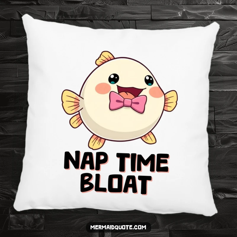 Funny pufferfish wearing a bow tie, inflating with excitement, featured on a plush pillow for decorative comfort.