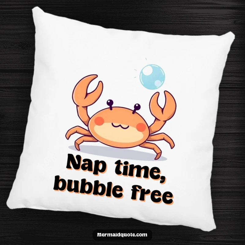 Funny tiny crab playfully waving its tiny claws at a bubble, a soft pillow bringing humorous beach charm and comfort.