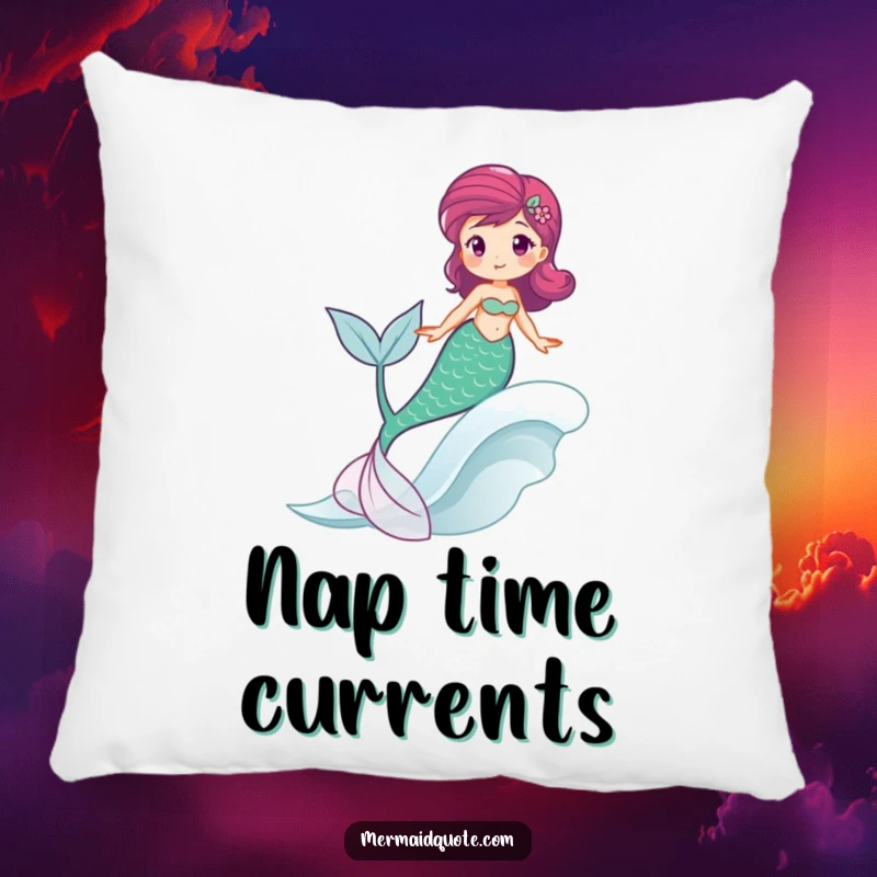 Funny pillow showcasing a mermaid happily riding a wave, tail swishing, soft ocean joy.