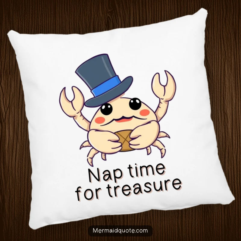Funny crab in a smart top hat, holding a small treasure, featured on a plush pillow for decorative comfort.