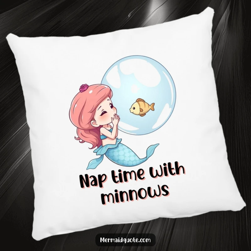 Funny pillow featuring a mermaid blowing a shimmering bubble that holds a tiny fish, adding a touch of magic and humor.