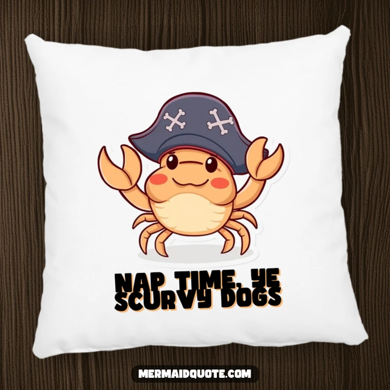 Funny Pillow of a little crab in a pirate hat, extending a claw in a friendly, humorous wave, offering cozy comfort.