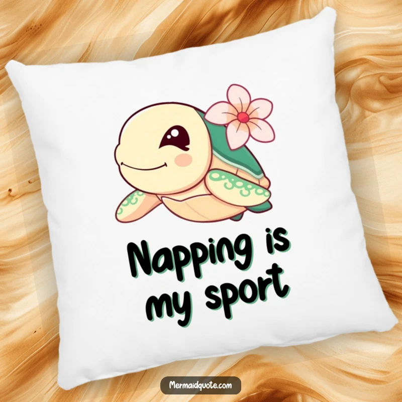 Funny sea turtle with a flower, winking and swimming fast, on a soft, decorative pillow.