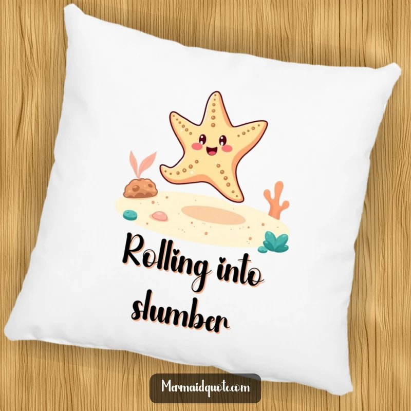 Funny cheerful starfish doing a cartwheel on the sandy ocean floor, on a soft, decorative pillow.