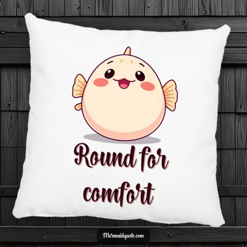 Funny pillow showcasing a shy pufferfish humorously inflating into a perfectly round form, ideal for cozy, comical comfort.