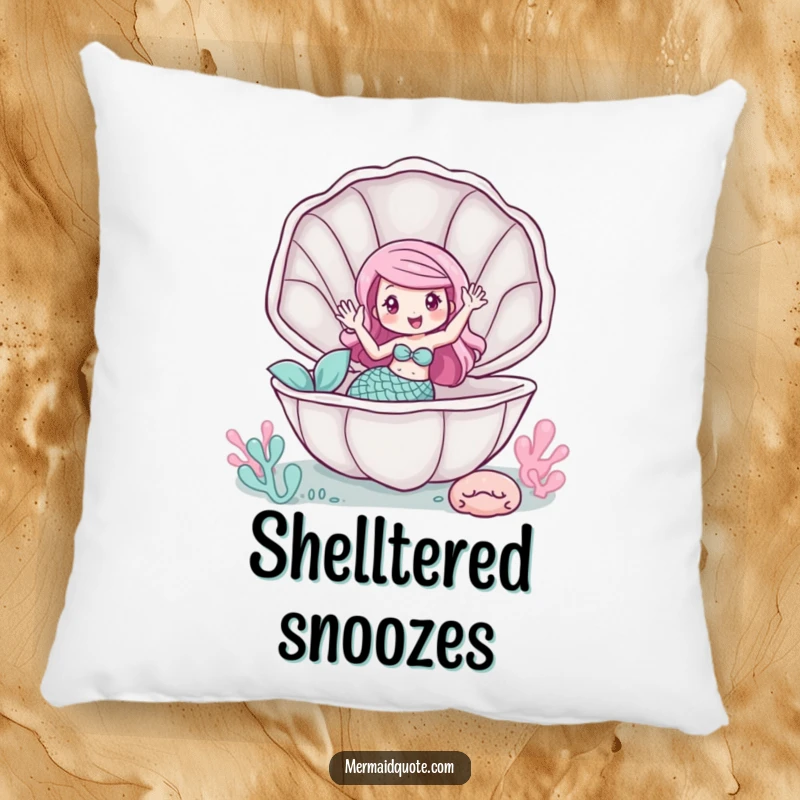Funny pillow showcasing a mermaid waving from inside a giant clam, soft and whimsical.