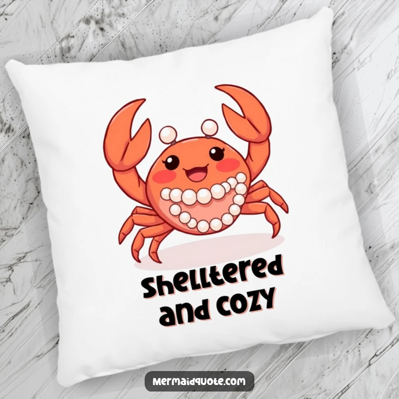 Funny joyful crab creature waving its claws, adorned with pearls, featured as a soft and elegant pillow.