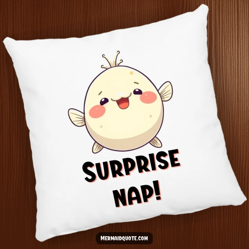 Funny pufferfish pillow, comically inflated with wide-eyed surprise, offering comfort and a hilarious aquatic surprise.