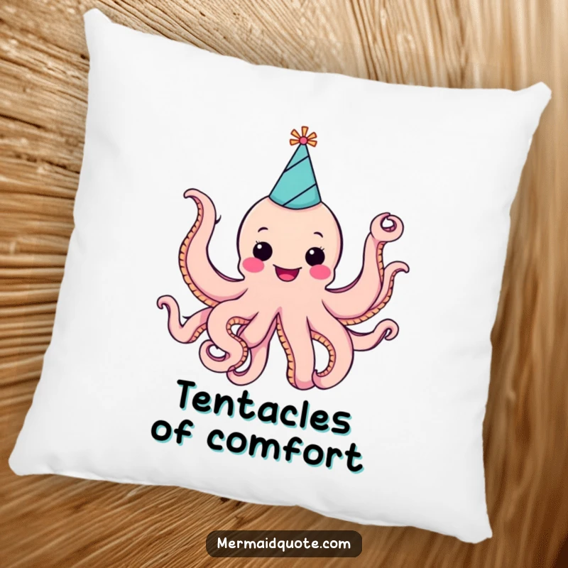 Funny cheerful octopus wearing a party hat, waving eight arms, depicted on a plush decorative pillow for maximum comfort.