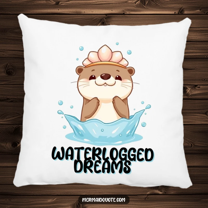 Funny pillow featuring a kawaii otter with a seashell crown, playfully splashing water upwards, designed for comfort and adding adorable humor.