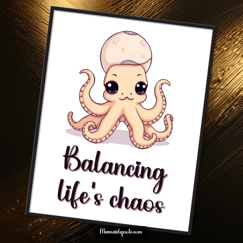 Funny octopus digital art print of a curious sea creature masterfully balancing a colorful stack of seashells, ready to be printed and framed.