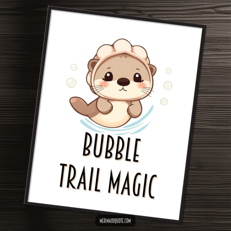 Funny Digital Art: A tiny otter in a seashell helmet swims cheerfully, leaving a delightful bubble trail.
