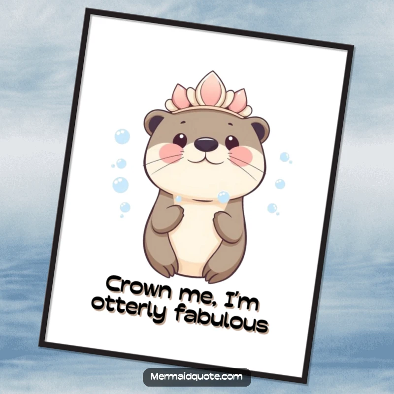 Funny kawaii otter wearing a seashell crown blowing bubbles, cute digital art print for instant whimsical decor.