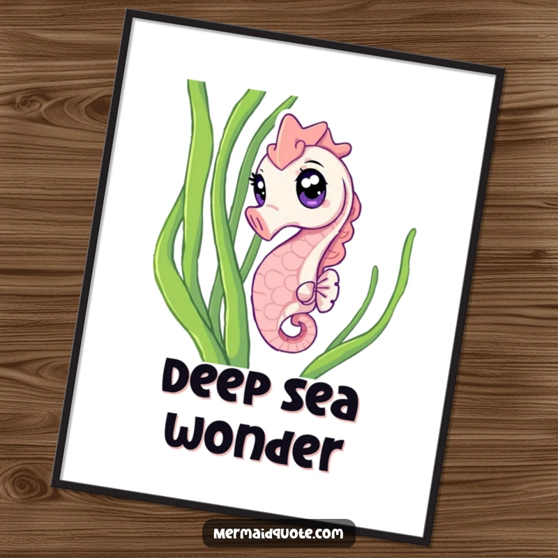 Funny Digital Art Print of a curious seahorse with sparkling eyes peeking from seaweed, ideal for printing and displaying humorous ocean themes.