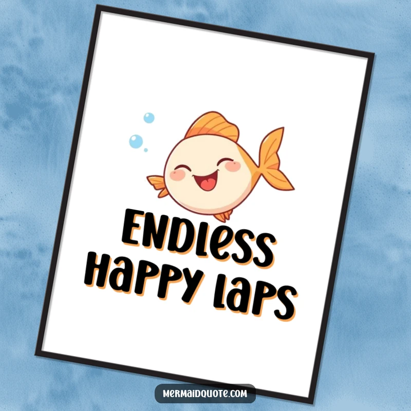 Funny digital art print of a fish with an ecstatic expression, swimming in a continuous loop amidst a cascade of whimsical bubbles.
