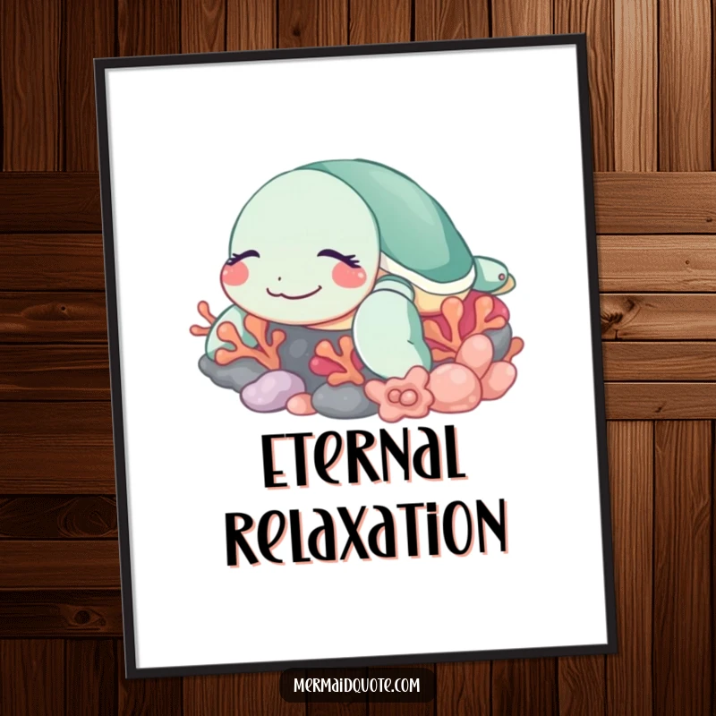 Funny sleeping turtle digital art print of a contented sea turtle smiling peacefully near vibrant coral, ready to be printed.