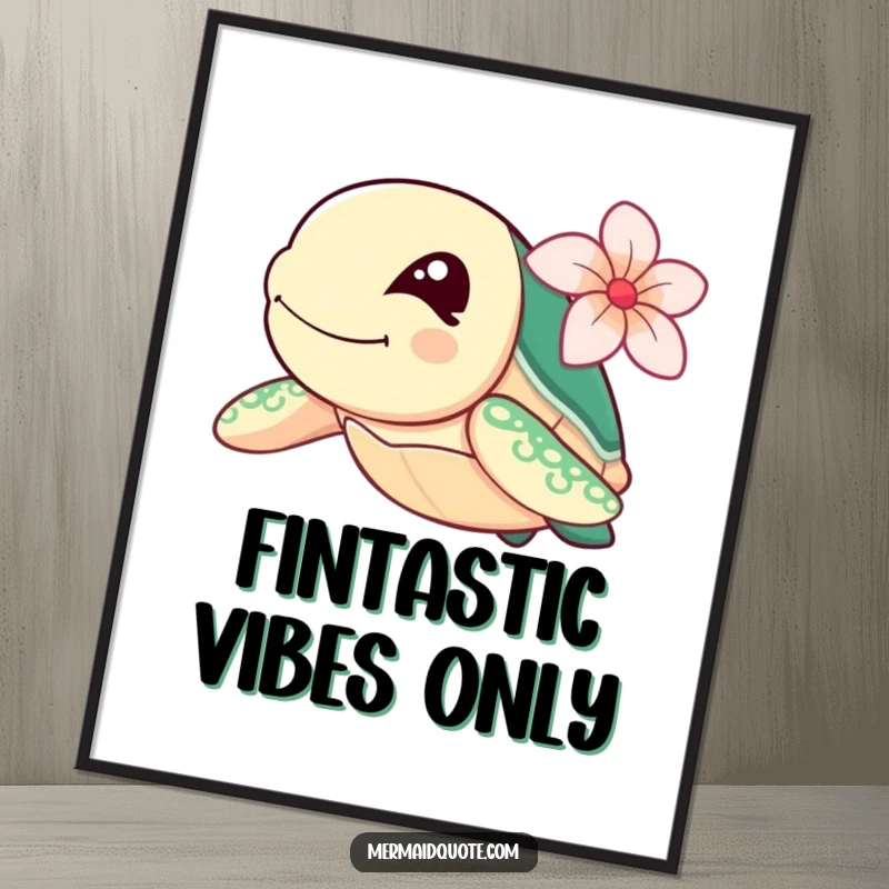 Funny sea turtle winking with a flower, swimming fast, as a downloadable digital art print.