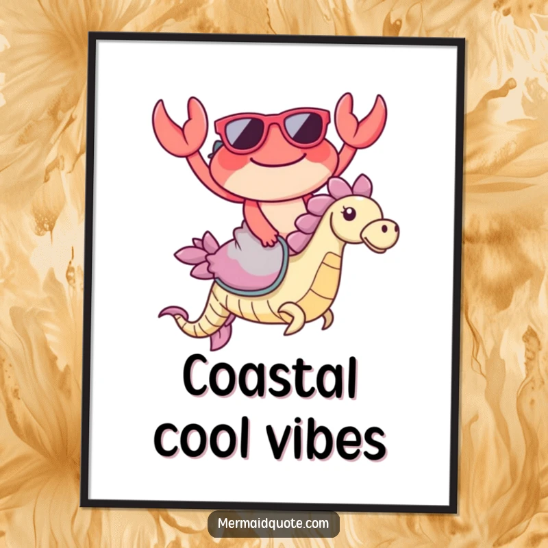 Funny Crab Sunglasses Digital Art Print: Instant download of a happy crab in sunglasses riding a seahorse, cheerful wall decor.