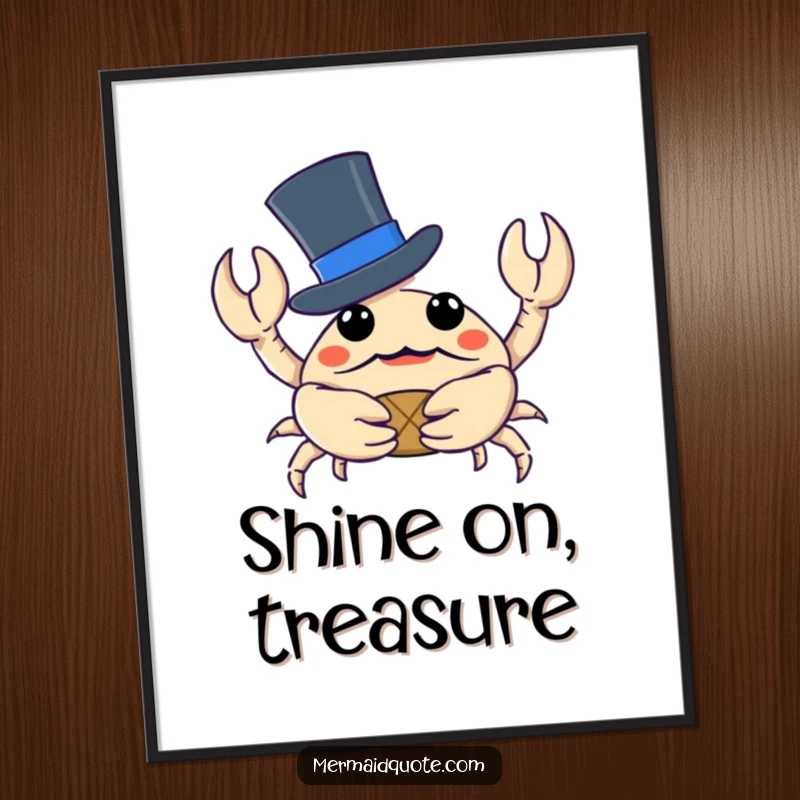 Funny crab wearing a top hat, holding a tiny treasure, presented as a downloadable digital art print for instant wall decor.