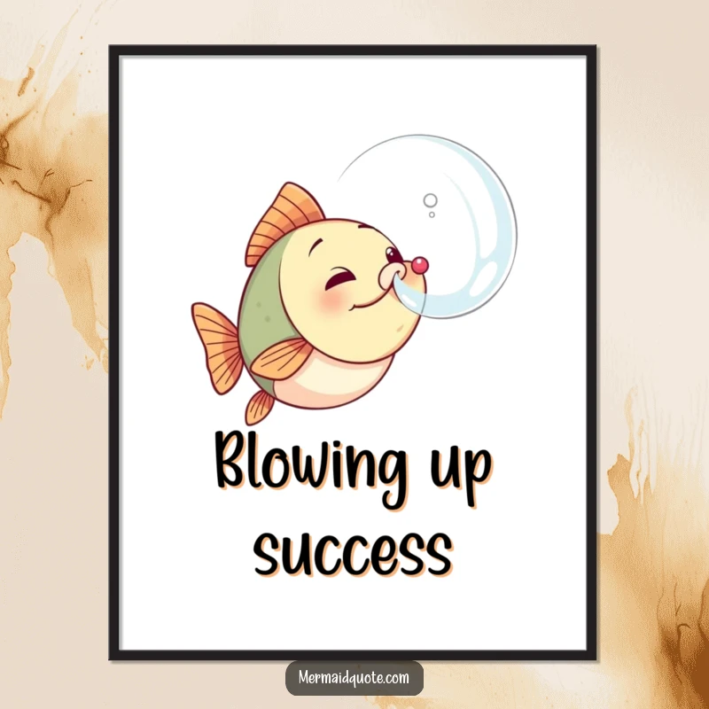Funny fish digital art print of a determined little sea creature blowing a large, impressive bubble, ready to be printed and framed.