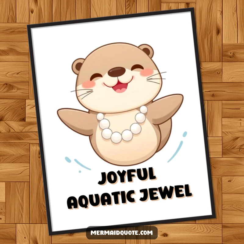 Funny happy sea otter with a pearl necklace, swimming joyfully, available as a high-resolution digital art download.