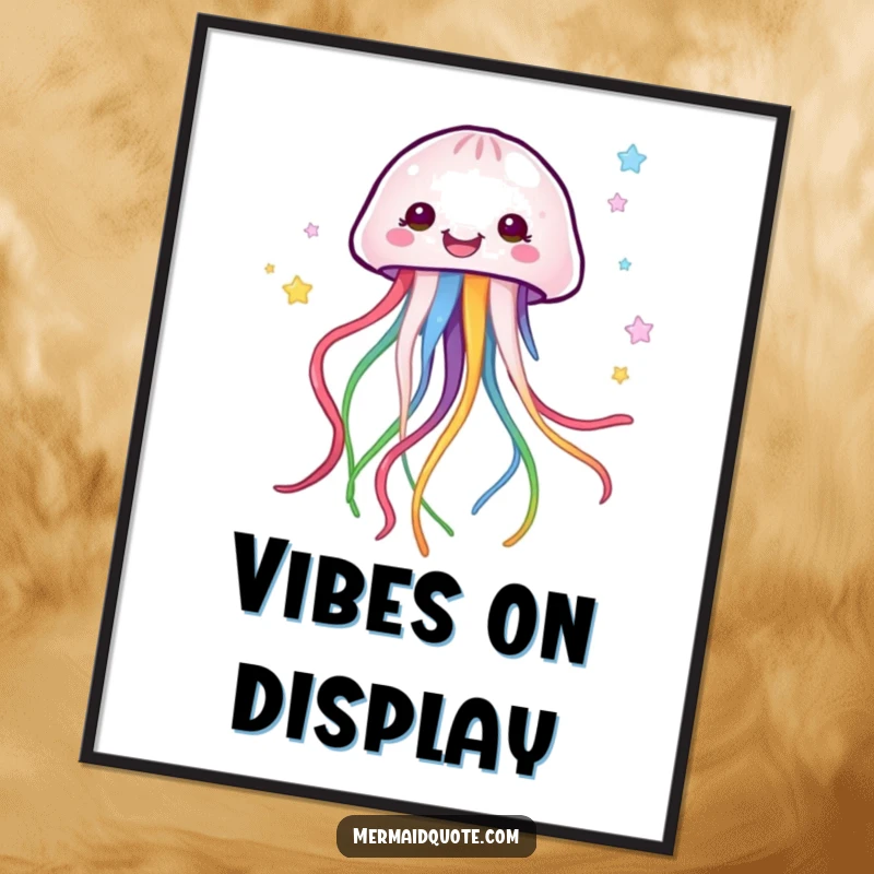 Funny happy jellyfish creature with long, flowing, colorful ribbons, rendered as a vibrant digital art print.